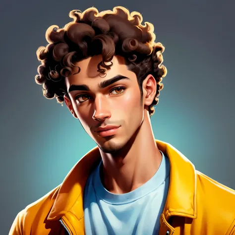 cartoon illustration of a man with curly hair and a yellow jacket,  Epic Portrait Illustration , cartoon  digital painting ,  detailed character portrait ,  cartoon art style, in digital illustration style, Cartoon style illustration,  cartoon art style, S...