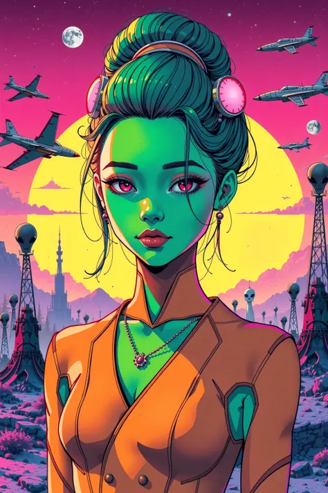 ((best quality)), ((masterpiece)), (detailed), perfect face of cyberpunk mecha japanese girl, neon pink eyes, neon green body, neon green hair, ((monochromatic neon pink, yellow, and green color palette)), surreal, art nouveau, in the illustrative style of...