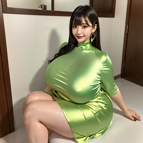 (8k,  top quality,  super high definition ,masterpiece: 1.2) Im wearing a fluorescent metallic turtleneck satin shirt with a strong silk-satin luster:1.8,Im wearing a satin breasted high waisted long skirt that extends to my chest:1.8,A blouse that seems t...