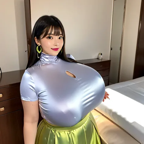 (8k,  top quality,  super high definition ,masterpiece: 1.2) Im wearing a fluorescent metallic turtleneck satin shirt with a strong silk-satin luster:1.8,Im wearing a satin breasted high waisted long skirt that extends to my chest:1.8,A blouse that seems t...