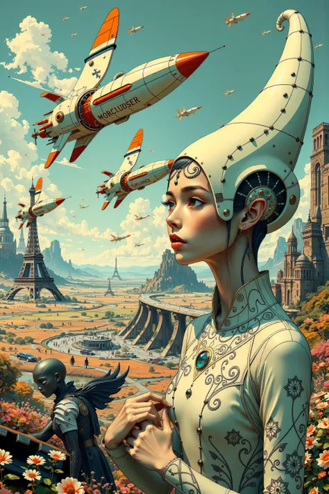 ((best quality)), ((masterpiece)), (detailed), perfect face, surreal, art nouveau, in the illustrative style of moebius, spaceships, aliens, fantasy, sci-fi, graphic novel, line drawing, french retro, 