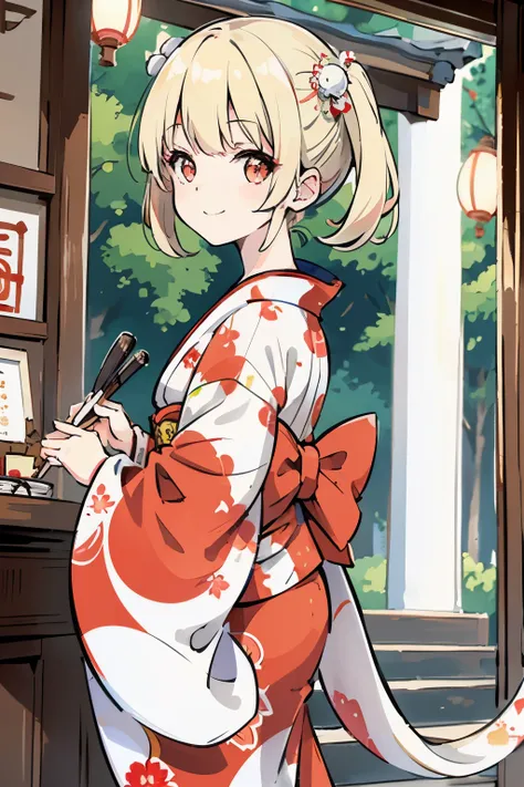 kimono,,Petite girl with blonde twin tails,,White Snake,shrine,New Year,smile