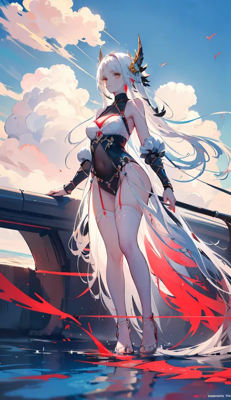 1girl, Alone, hair ornament, white hair, very long tail, long hair, basic dress, water movement a sua volta, The sea of blood on your feet, Red Sea, head up, hateful look, yellow eyes,  blue sky background with flowing clouds, medium round breasts, Thicc t...