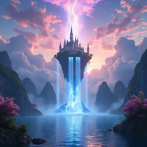 8k, highest quality, masterpiece, final fantasy style: 1.2), (Realistic, photoRealistic: 1.37), Dreamy landscape, epic scenes, sunset, Fantastic, Unsurreal landscapes, Super detailed,((( Flying ancient  Castle above the clouds, Floating Island in the Sky, ...