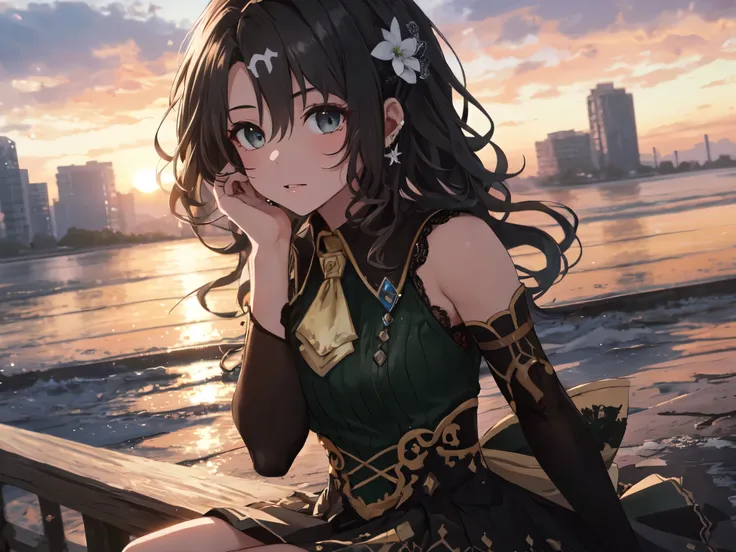 Solo, 1 Girl, (Human Ear, Earring), (Long Hair, Hair Accessory), (Anime Face), (Woman Sitting, Hands on Head), (Lacey Black Wedding Dress, Lacey Black Skirt), (Sunset Sky, Sunset Sun, Evening Sky), (Focus on Chest, Oblique Angle), (High Resolution, Masterp...