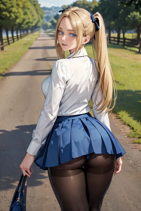 (fat legs), ((country pathway)), ((perfect blue eyes)), ((glossy pantyhose)), (finely detailed eyes and detailed face:1.3), (extremely fine and beautiful:1.1), (Perfect details:1.1), sexy legs, Rachel Sinclair, Hero Killer, blonde hair, yellow eyes, twinta...