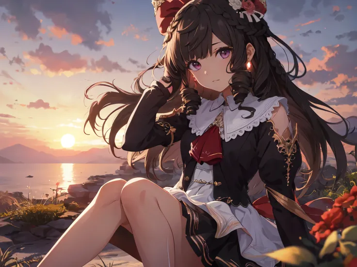 Solo, 1 Girl, (Human Ear, Earring), (Long Hair, Hair Accessory), (Anime Face), (Woman Sitting, Hands on Head), (Lacey Black Wedding Dress, Lacey Black Skirt), (Sunset Sky, Sunset Sun, Evening Sky), (Focus on Chest, Oblique Angle), (High Resolution, Masterp...
