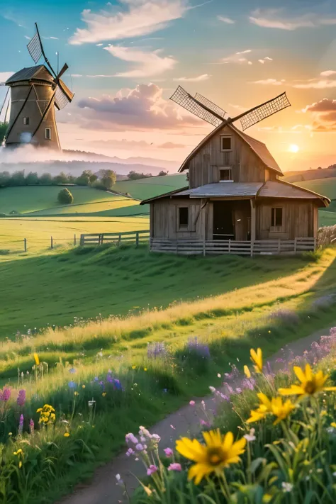 a scenic country landscape, rolling hills, lush green meadows, winding dirt path, wooden fence, fluffy white clouds, golden sun rays, vibrant wildflowers, rustic barn, weathered old windmill, peaceful tranquil atmosphere, (best quality,4k,8k,highres,master...