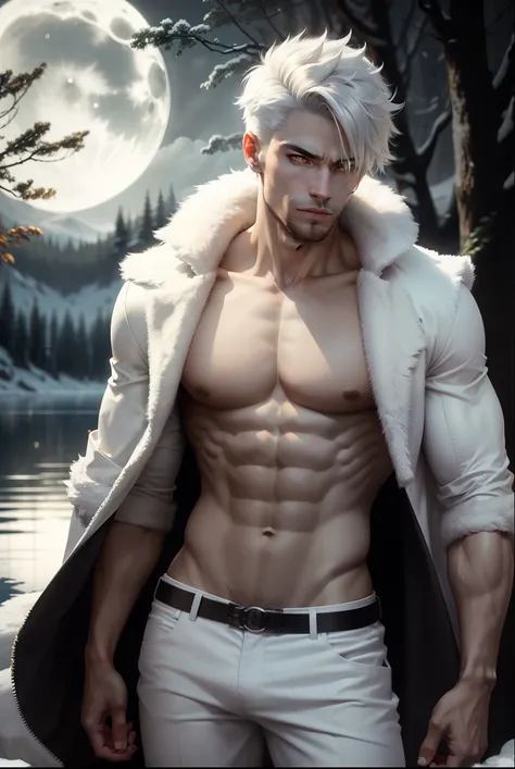 attractive werewolf ,  beautiful slender and muscular torso , short silver hair,  yellow-amber eyes ,  white wolf fur coat ,  white pants torn on the left side ,  deep a moonlight with a lake mirroring the dark night and a forest