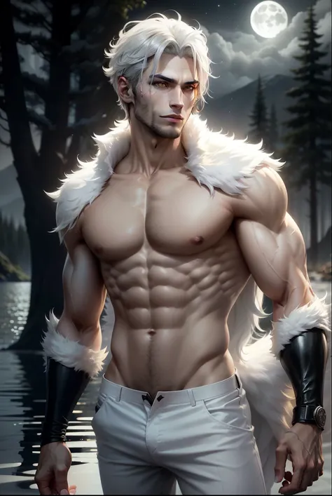 attractive werewolf ,  beautiful slender and muscular torso , short silver hair,  yellow-amber eyes ,  white wolf fur coat ,  white pants torn on the left side ,  deep a moonlight with a lake mirroring the dark night and a forest