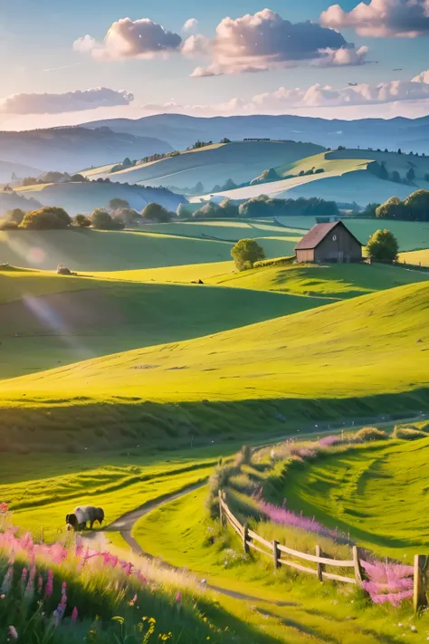 a scenic country landscape, rolling hills, lush green meadows, winding dirt path, wooden fence, fluffy white clouds, golden sun rays, vibrant wildflowers, rustic barn, weathered old windmill, peaceful tranquil atmosphere, (best quality,4k,8k,highres,master...