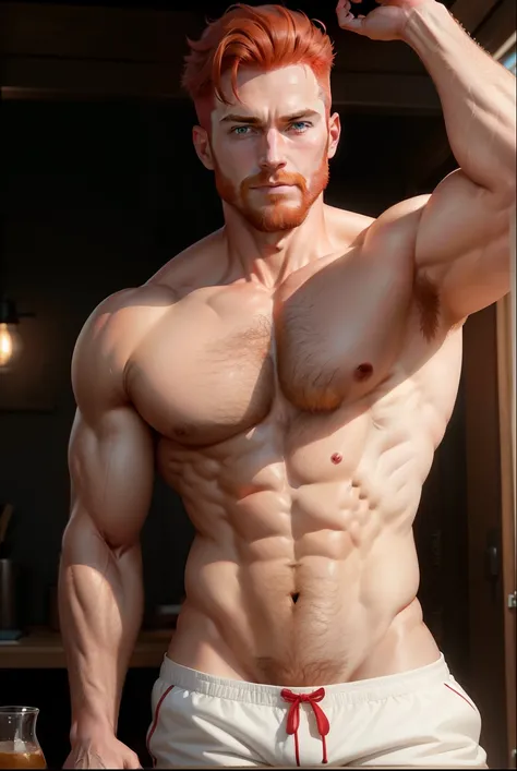 Make a very handsome red-haired man , with manly face,  well-defined body and hairy armpits , em 4k,  in underwear and pubic hair to show