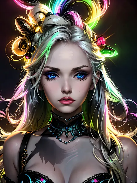 a woman in a colorful neon-lit fashion portrait, beautiful detailed eyes, beautiful detailed lips, long eyelashes, intricate hairstyle, vibrant neon colors, dramatic lighting, high fashion outfit, cinematic composition, photorealistic, 8K, hyper detailed, ...