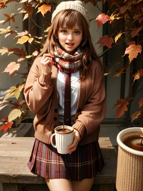 1girl, autumn leaves, bangs, black headwear, blurry background, blush, brown eyes, brown hair, brown scarf, brown skirt, cardigan, coffee, cowboy shot, cup, disposable cup, drink, falling leaves, beanie, holding, holding drink, leaf, long hair, long sleeve...