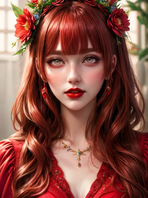 (masterpiece),(best quality:1.0), (ultra highres:1.0), detailed illustration, 8k, anime, 1girl, beautiful anime girl, wearing a red dress, flower crown, pretty face, detailed face, beautiful eyes, detailed eyes, dark red eyes, bright red lips, red lipstick...