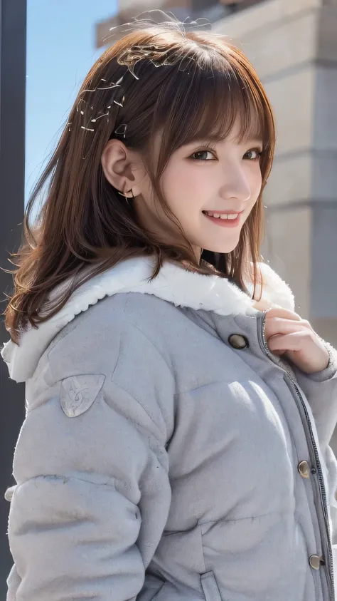 (Highest quality)),(Ultra-high resolution),(Super detailed),(Detailed Description),((The best CG)),(masterpiece),Highly detailed art,(Art with precise details:1.5), (Winter clothing、 comments :1.3),Beautiful profile:1.4,(sweetly Smile:1.3),Sparkling Jewelr...