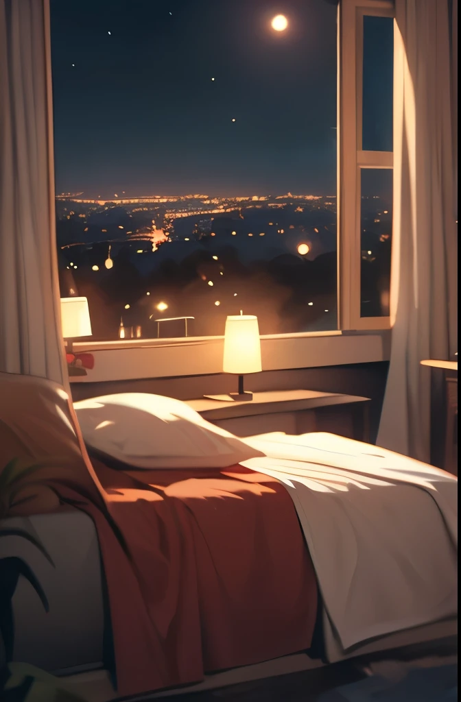 night time view of a bedroom with a bed and a window, chill time. good view, rooftop romantic, late night melancholic photo, dreamy night, ❤🔥🍄🌪, happy cozy feelings, cozy place, someone sits in bed, cozy atmospheric, great view, beautful view, someone in h...