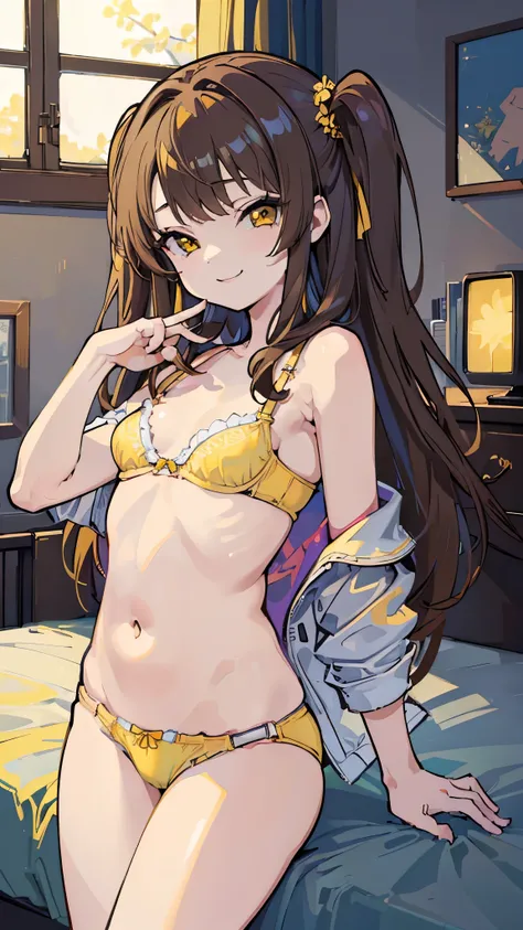 ((masterpiece、 top quality、 very detailed ))、 one girl、Brown Hair、 long hair、 two side up、 Brown Eyes 、evil smile、 smaller breasts、((yellow bra))、((yellow panties))、 cowboy shot、Bedroom Background