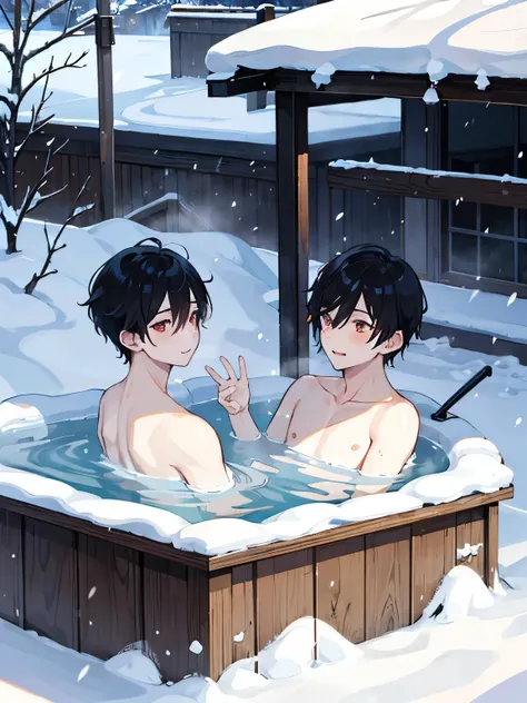 hot spring街　maleの子　 short hair under the eaves of the store　snow　hot spring 　 Outdoor Bath 　 (((male)))