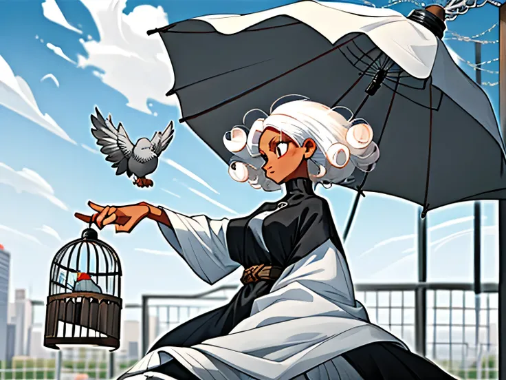  Black woman with curly white hair frees gray bird from its cage