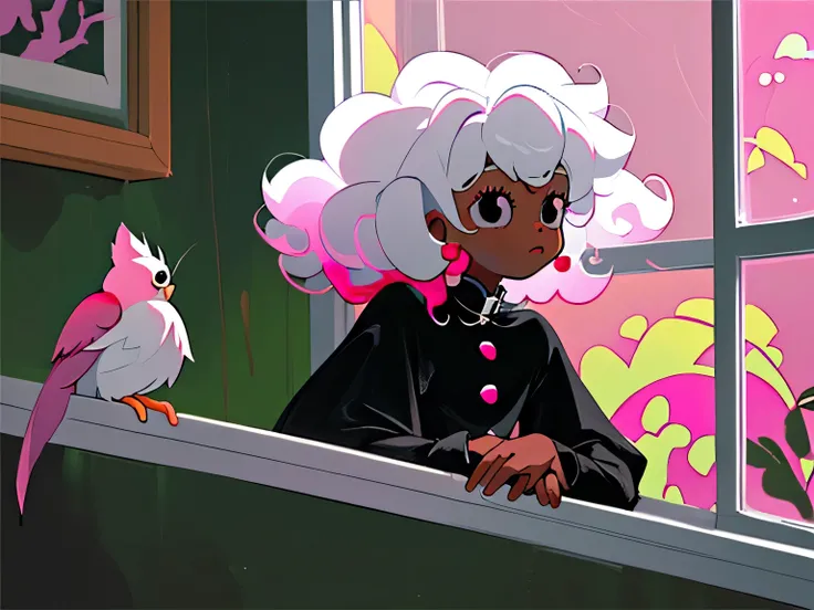 (best quality, masterpiece) Cute black girl with curly white hair and black eyes talks on the window to a single pink bird 
