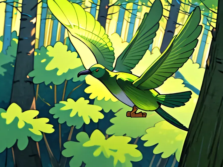 (best quality, masterpiece) green bird flies over the forest 
