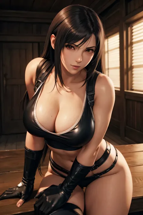 High quality detailed image of Tifa costume from Final Fantasy 7 leaning forward blushing face winking at the viewer 