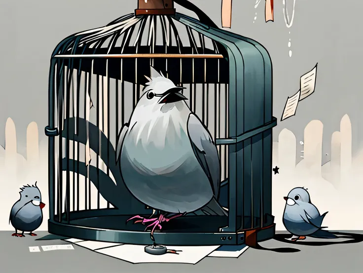 grey sad bird stuck on a cage