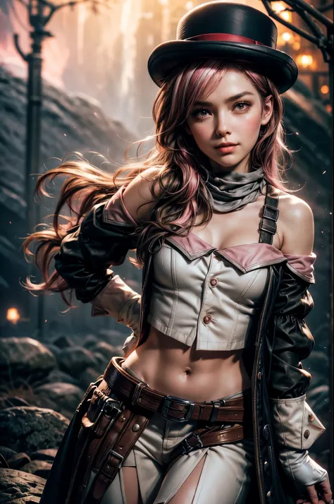 pink and brown hair, multicolored hair, neopolitanatlas, bowler hat, grey scarf, white gloves, white shirt, off-shoulder shirt, black sleeves, midriff, white belt, white skirt, smile, nighttime, stars, standing on a hill, waterfall in the background, cowbo...