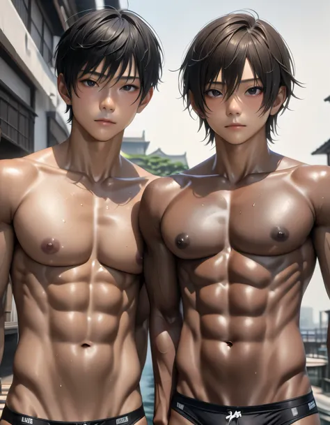 (3 idol dark skin japanese boys), abs, Black short Hair, detailed Black Eyes, (dark brown skin:1.3), topless, (detailed nipples), black thong,best quality, 4k, 8k, highres, (masterpiece:1.2), ultra-detailed, (photo realistic,:1.37), looking at viewer, (smi...