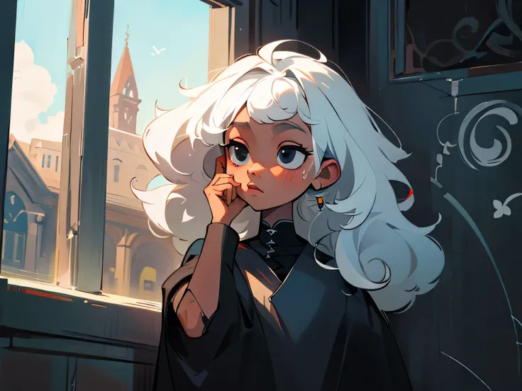 (best quality, masterpiece) Cute black girl with curly white hair and black eyes talks on the window to a single greybird 
