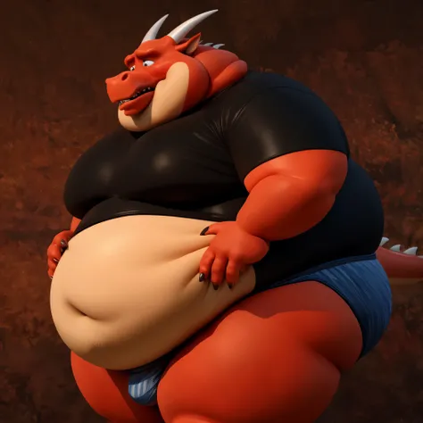 Male Red dragon, side view, extremely obese, very fat body, fat cheeks, huge belly, long mouth, enormous chin, very big round belly, very big boobs, big pointy teeth, chubby face, double chin, 3D render, tight short sleeves t-shirt, t-shirt cut above his b...