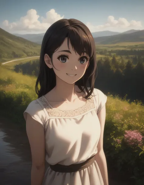 score_9, score_8_up, score_7_up, gsfghtr, casual dress, black hair, (long straight hair), (facing right), cinematic Lighting, 1girl,solo,blush,smile, Valley with Flowing River, ((rainbow on sky))