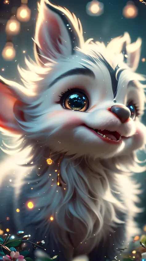 Magical Fantasy Creature, (Best Quality, Masterpiece, Representative Work, Official Art, Professional, Super Detailed, 8k:1.3), (Photorealism:1.2) Super Cute, Big Eyes, Soft, Soft Nose, Fluffy, Double-Toothed Smile, Aurorastyle, Highly detailed Dynamic sho...