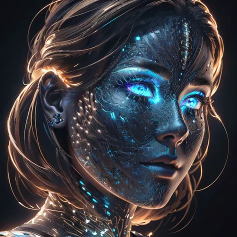 a woman with glowing skin and face paint, glowwave girl portrait, great digital art with details, intricate face, glowing eyes!! intricate, glowing face, ultra-detailed digital art, ultra detailed face, detailed portrait of a cyborg, intricate digital pain...