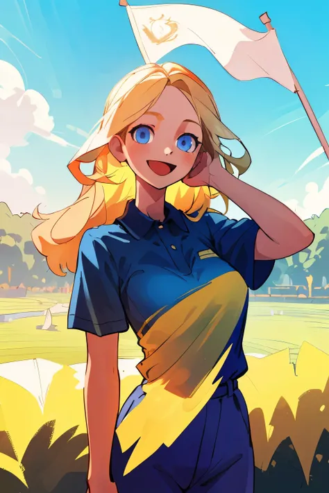 cheerful and lively girl, long blonde hair, right hand raised, blue eyes, fair skin, polo shirt. white flag in hand (best quality, 4k, 8k, high resolution, masterpiece: 1.2), ultra detailed, landscape, vibrant colors, natural lighting, detailed environment...