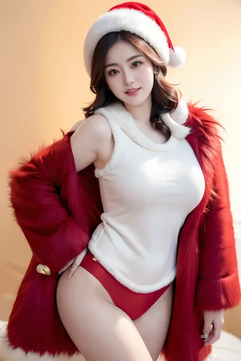 (The most beautiful married woman in Japan), 30 years old, super detailed face, Detailed lips, (big eyes:1.4), Double eyelids, Thick brown curly hair, (laughs) 、(White teeth ), (Open lips), ((crotop and red Eskimo fur coat with white trim and Christmas hat...