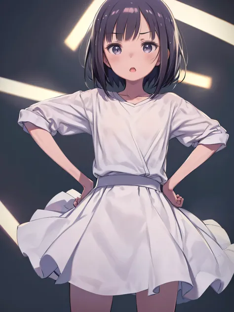 Yuriko did it ( million people live).  short. White T-shirt. skirt.(((  Masterpiece  ))).((( top quality))).(( Ultra Details))).(((Awareness-raising))). (((  place hands on hips))).(((room))).(((Clench your fist))).(((On the chest))).Face of despair.(( sho...