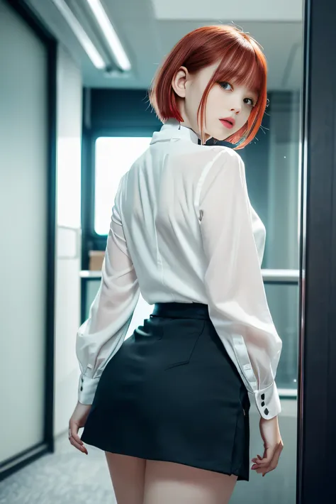 ( Photorealistic:1.8,  top quality:1.8,8k masterpiece:1.8, high definition , Mastepiece:1.8,RAW Photos）、（ cinematic lights、 no split screen )、URBAN OFFICE 、（1 beautiful girl in office uniform)、( Toga Himiko）、 angle from behind、（ white blouse、 miniskirt、My ...