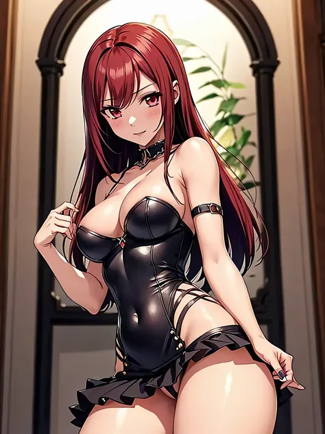 all intricate details, perfect body Succubus , (character: Erza Escarlet ),  is a slutty slut besides a nymphomaniac, only 1 girl view, Very sexy girl, hip shot, very short drees