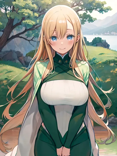  Blond haired woman with huge breasts stands shyly in front of a big tree、 blue eyes、 upper body、Place your hands on your head、Thigh Gap、blush、smile、Large Tree、field、lake、turtleneck rip sweater 、Cape、((Green Sweater))、((白いCape))、((DARK GREEN PENCIL SKIRT )...