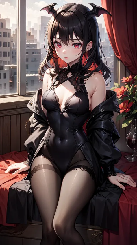 ( extremely detailed CG unity),Exquisite clothing, masterpiece,  Extremely exquisite and beautiful ,  On the corpse , 1 Girl, Sitting,  Obsessed，tiny curly hair ,  beautiful and meticulous eyes ， red eyes,  lace pantyhose ，Floral scent，Succubus&#39;s horns