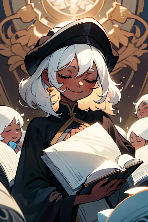 (masterpiece) girl with black skin, closed eyes, extremely curly white hair, closing a book and smiling with an expression of relief
