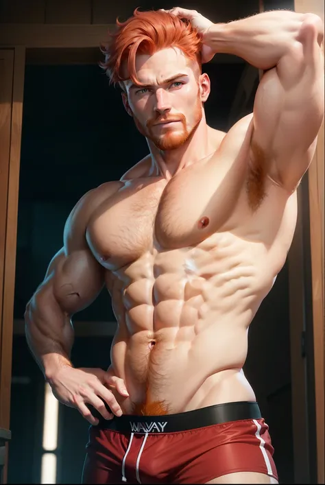 Make a very handsome red-haired man , with manly face,  well-defined body and hairy armpits , em 4k,  in underwear and pubic hair to show