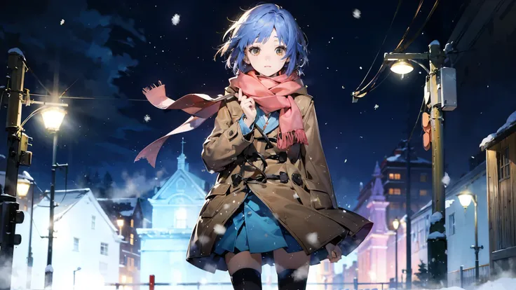 (  masterpiece on penis ),(  top quality), Yuki, khaki coat ,   scarf,   knee-high,  black tights 、Empty Eyes, Expressionless face, , snow, snowing, wind、windになびくコート、 遠くにsnow景色の美しい街が見える