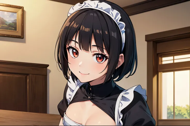 masterpiece, best quality, very detailed body, ultra detailed, very detailed face, (((anime))), ((1woman)), (((focus to face))), (((waitress uniform, croptop, maid hairband))), ((smile expression)), (black short hair),  (((small breasts))), ((in the room, ...