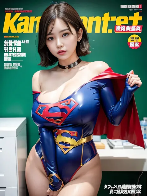 masterpiece、 latex supergirl costume 、 off-shoulder 、Ultra short hair、 Big and Rich Breasts 、 sweaty and shiny skin 、Look directly into the camera、 choker、Provocative cleavage、 Long Sleeve 、Cape、Glamorous bare legs、 in front of laboratory equipment in hosp...