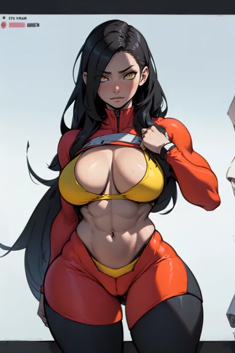 perfect female anatomy muscular girl big breasts empty eyes embarrassed black hair yellow eyes pale skin perfect female anatomy perfect female anatomy