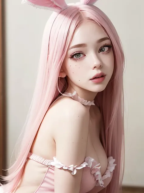 Beautiful girl; (pink hair, straight hair); (honey colored eyes, pretty eyes, big eyelashes and thin cute eyebrows, full lips, Cupid and Heart shaped lips, pink and pretty lips); (pale white skin with pink tones; freckles and moles all over the body); (cut...