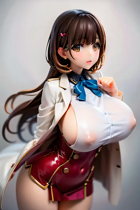 , brown hair, yellow eyes, medium hair up to buttocks,Big Breasts,Bust 85cm,Crotch Tightening , open legs pose , ryoukadef , labcoat, white thighhighs, white gloves, pink skirt, high-waist skirt